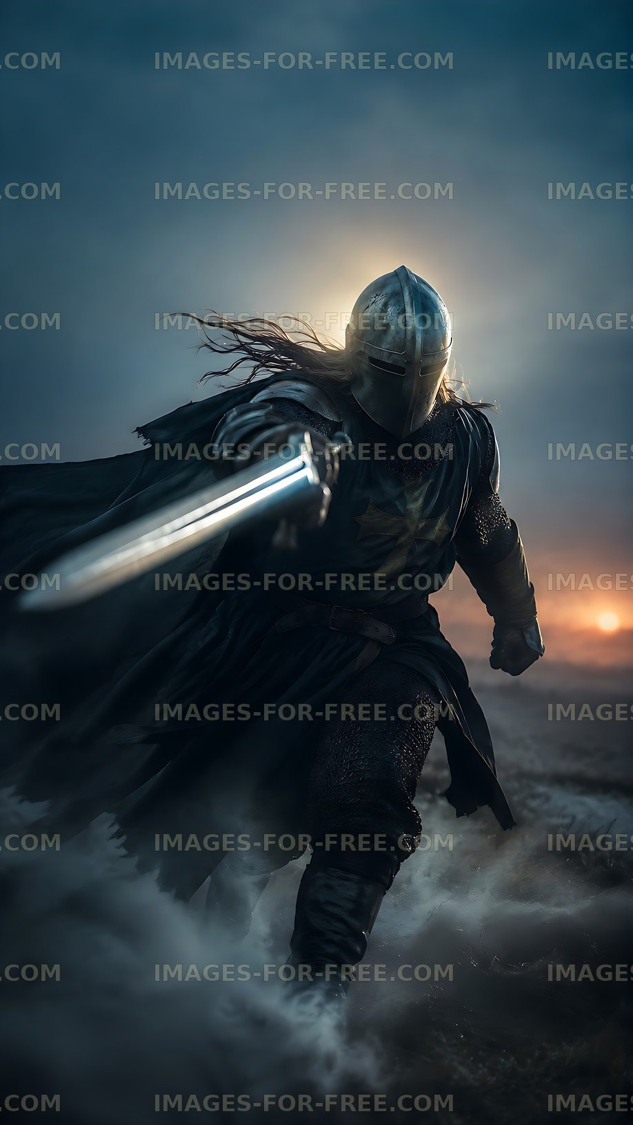 Warrior in armor wielding sword on a dark battlefield
