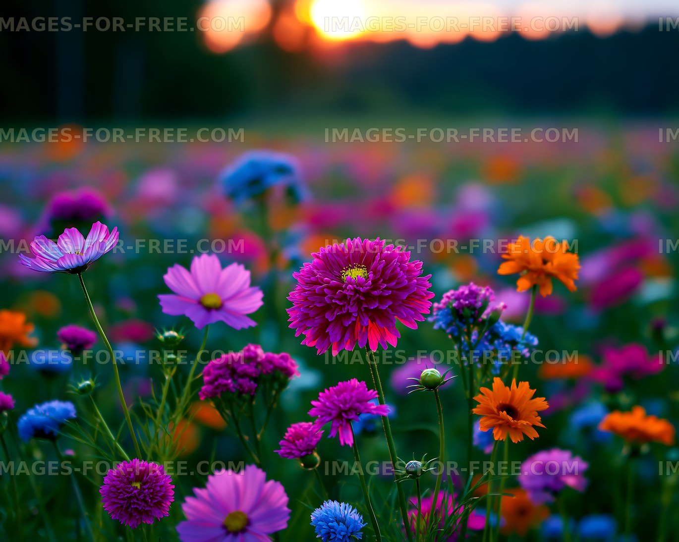 Colorful wildflowers in a field at sunset