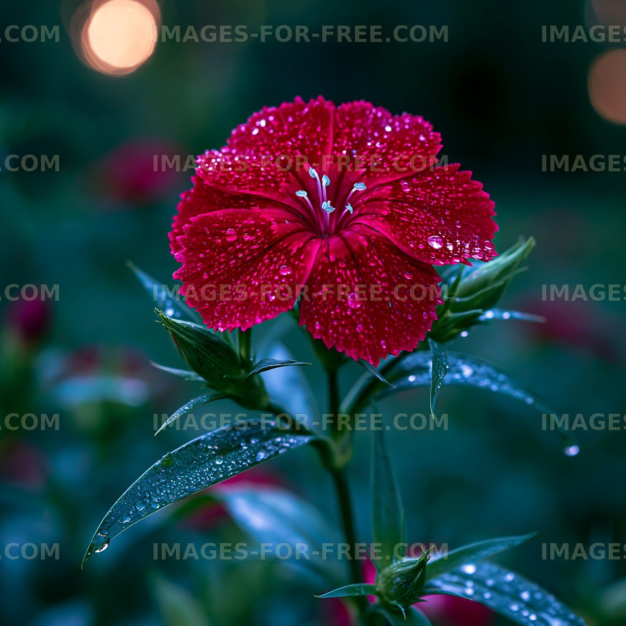 Bright red flower with water droplets in evening garden