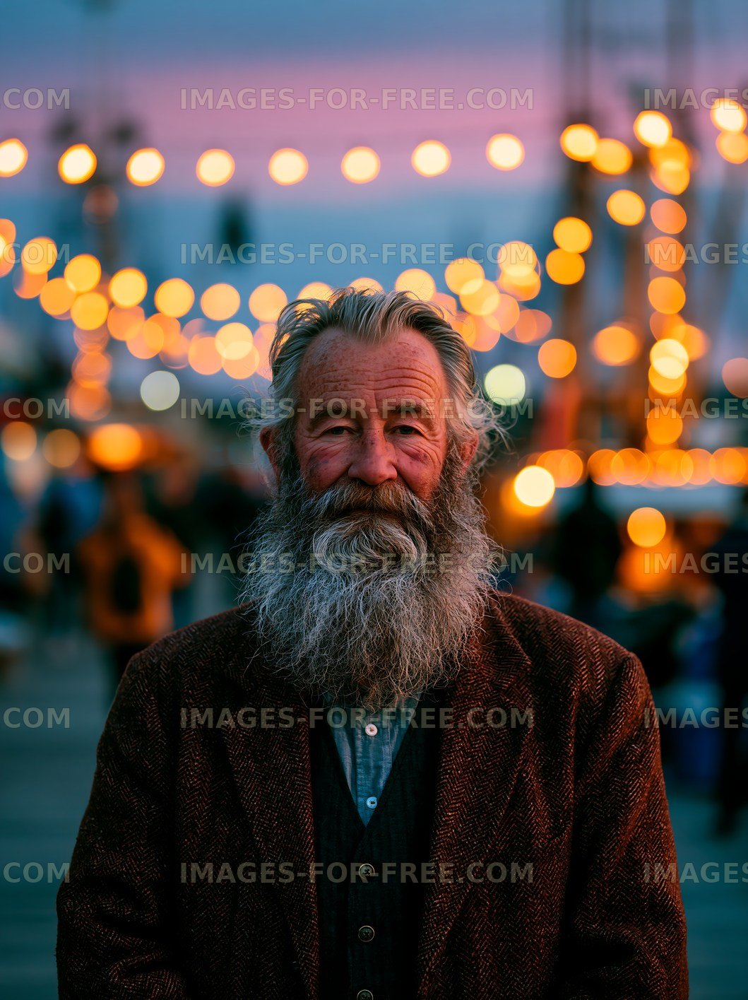 Older man with a beard stands in front of lights at an outdoor event