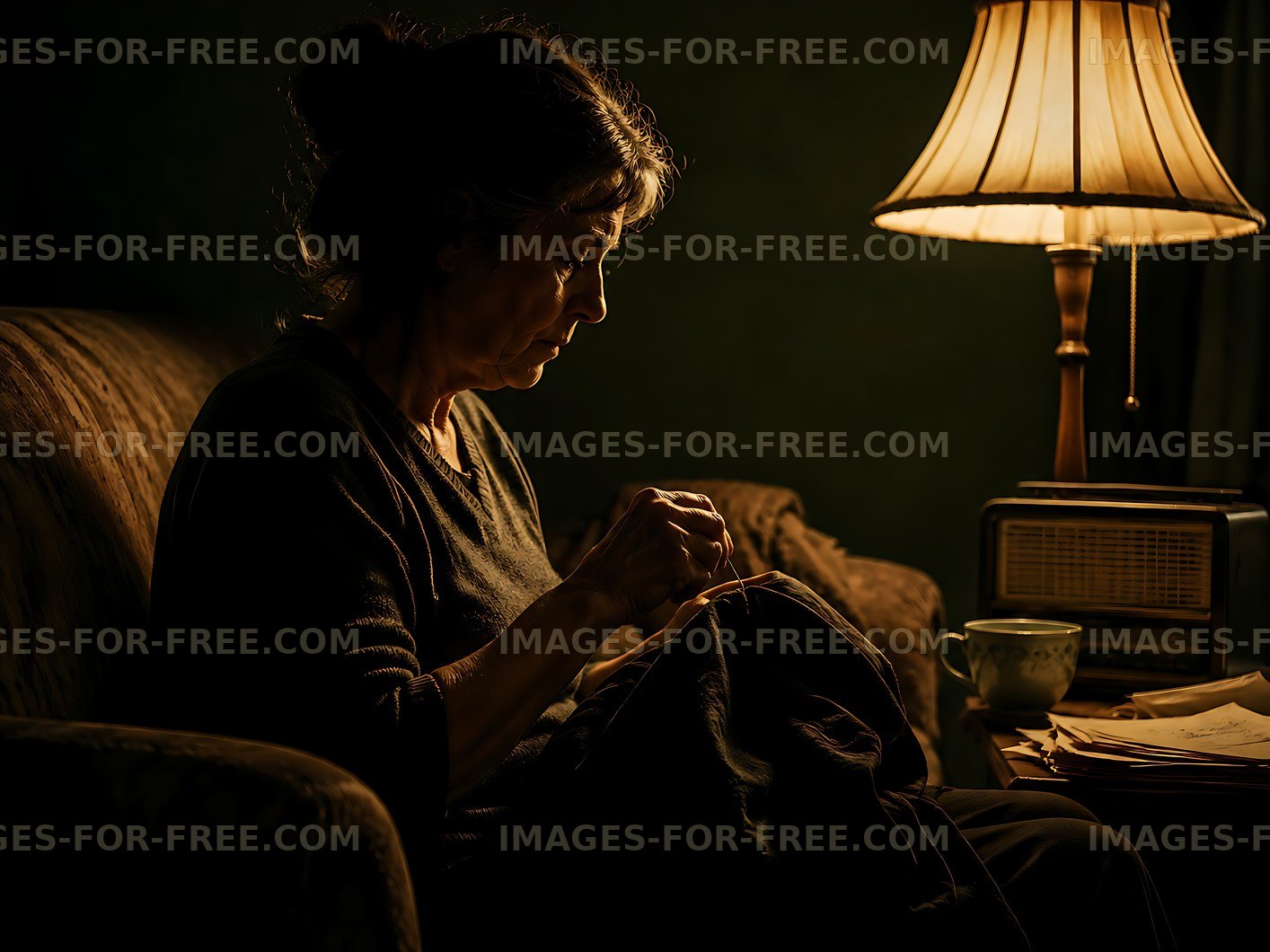 Woman sewing in dimly lit room with lamp