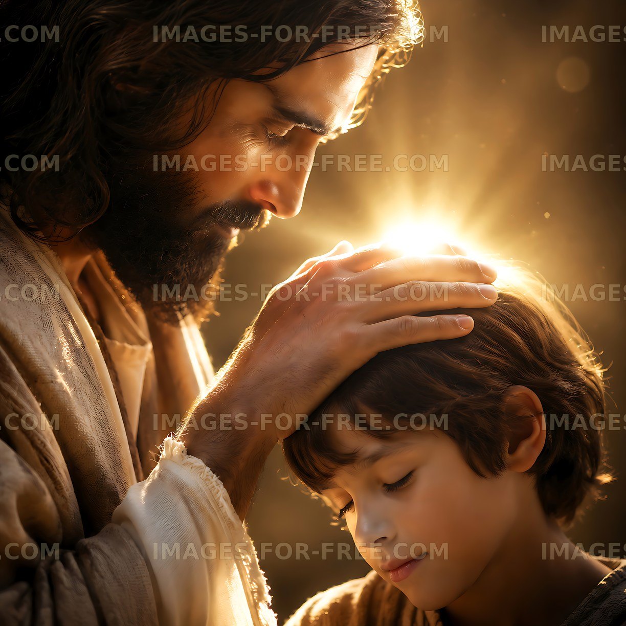 Jesus blessing a child in warm light
