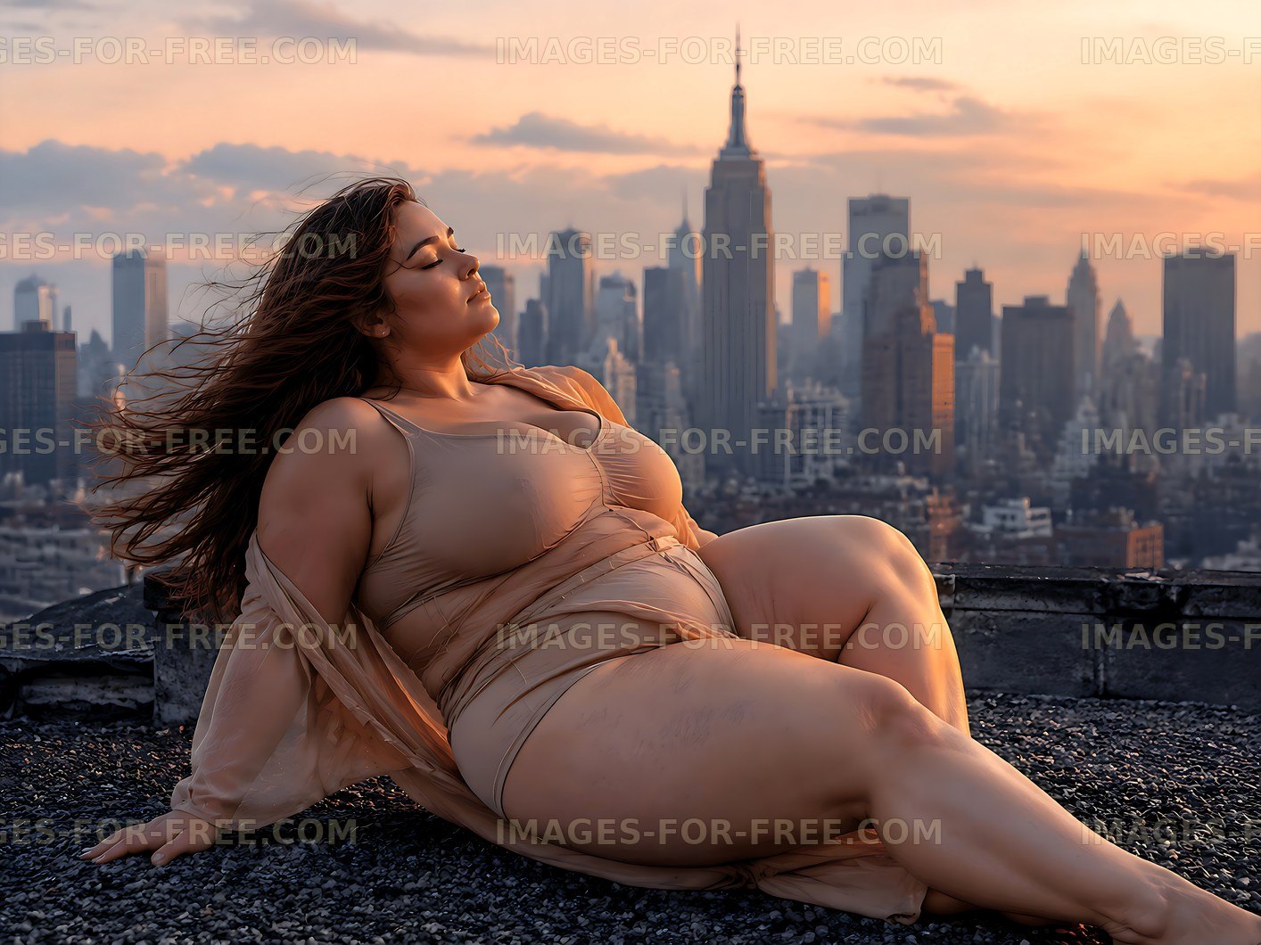 Woman sitting on rooftop during sunset in New York City
