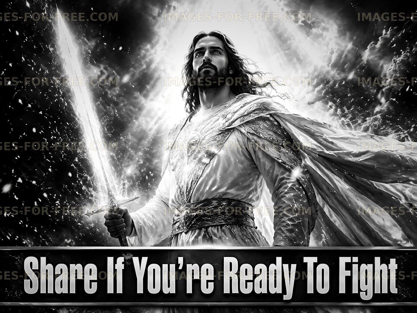 Man holding sword with bright light in dark background