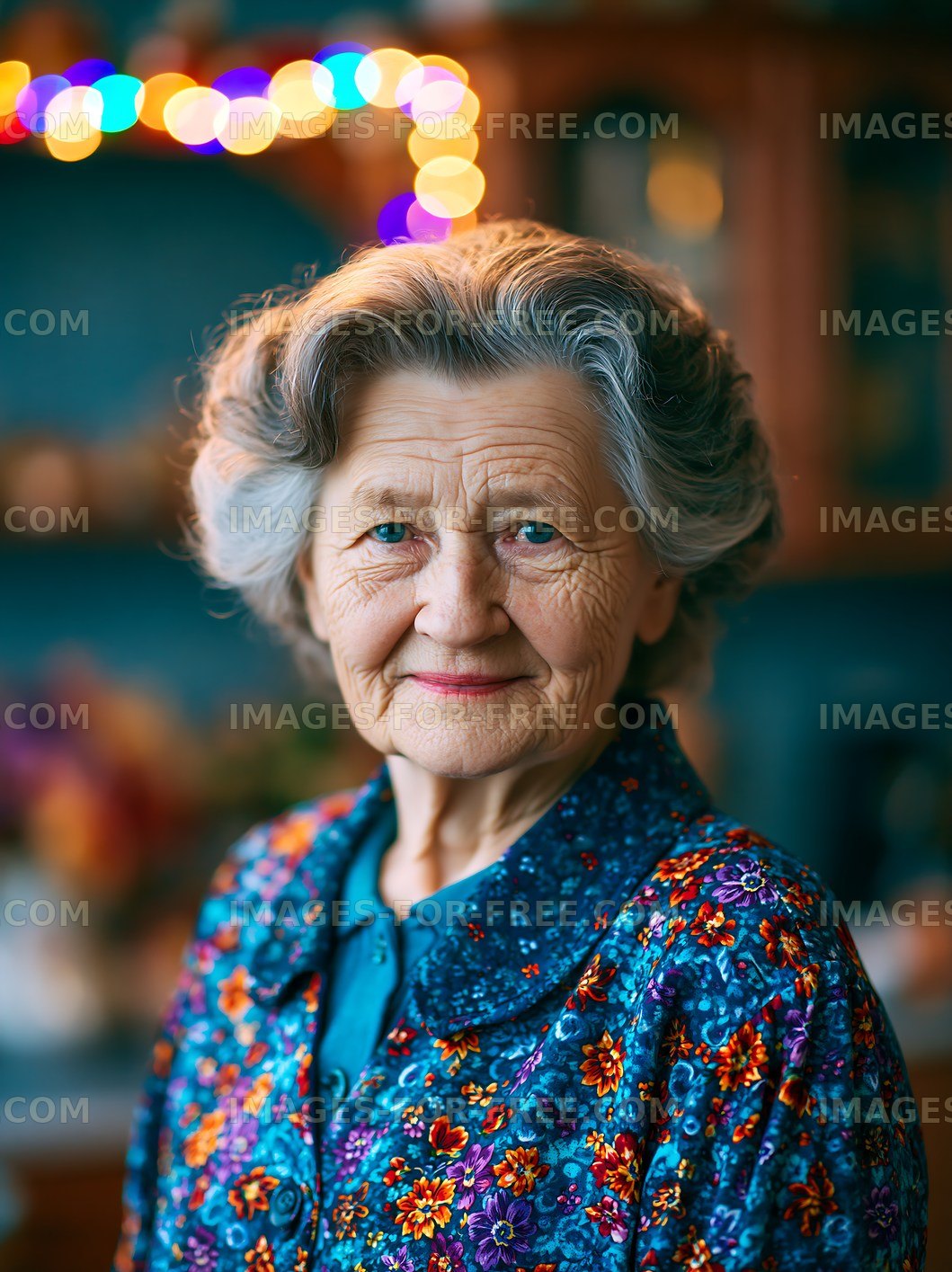 Elderly woman smiling in a cozy kitchen setting