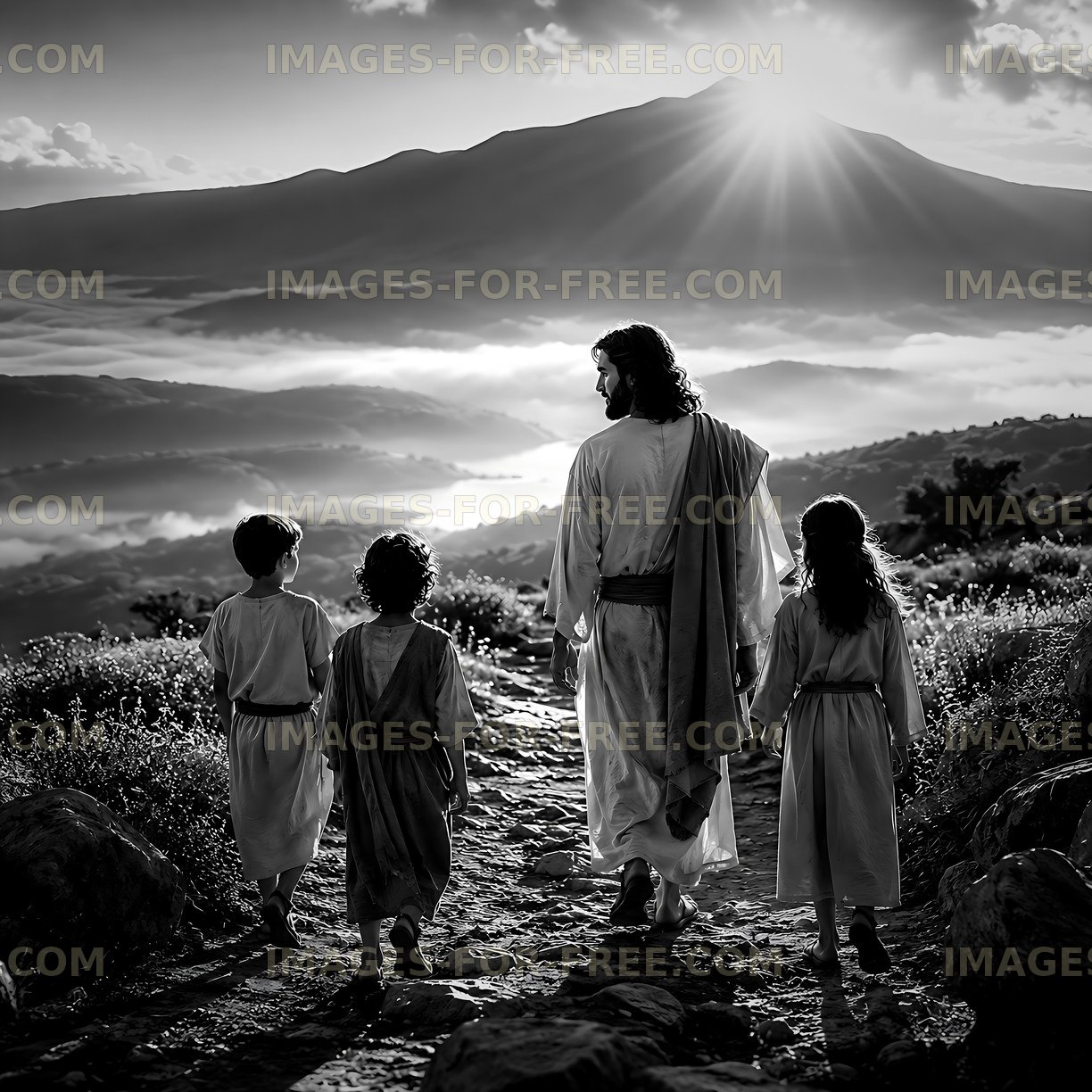 Walking on a path with children towards a mountain