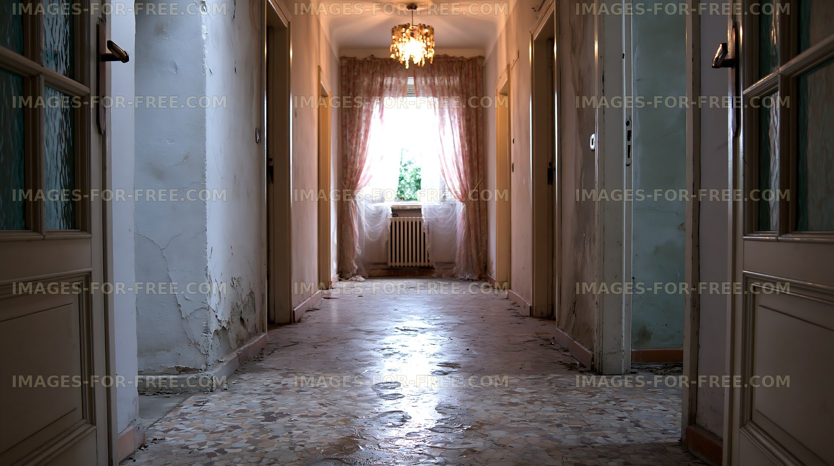 Abandoned hallway with windows and old decor