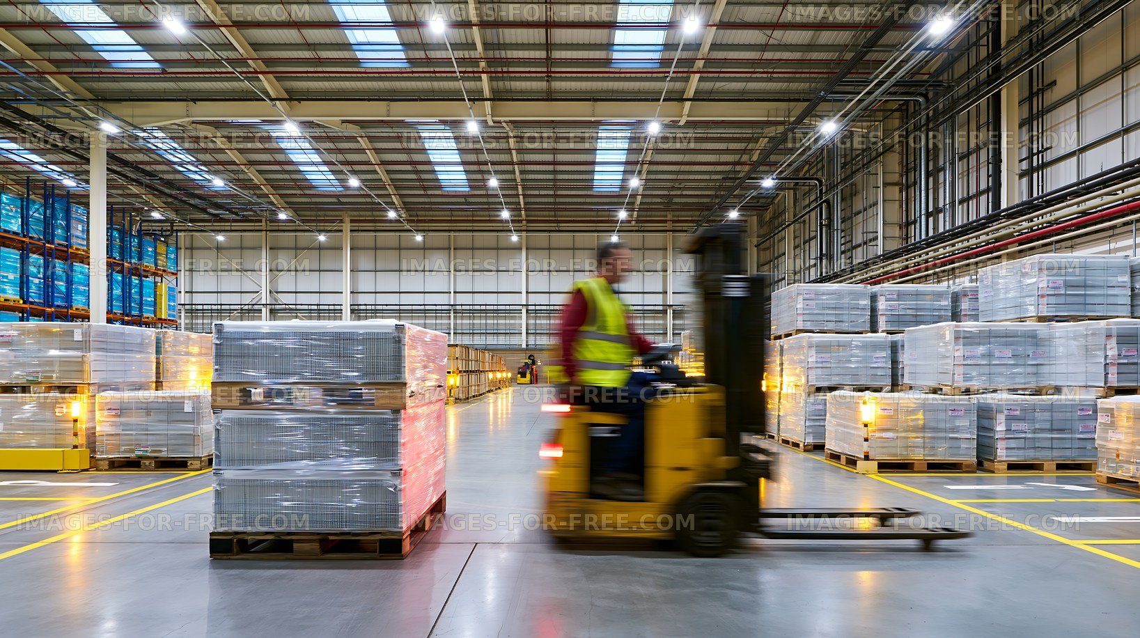Forklift moving pallets in a busy warehouse