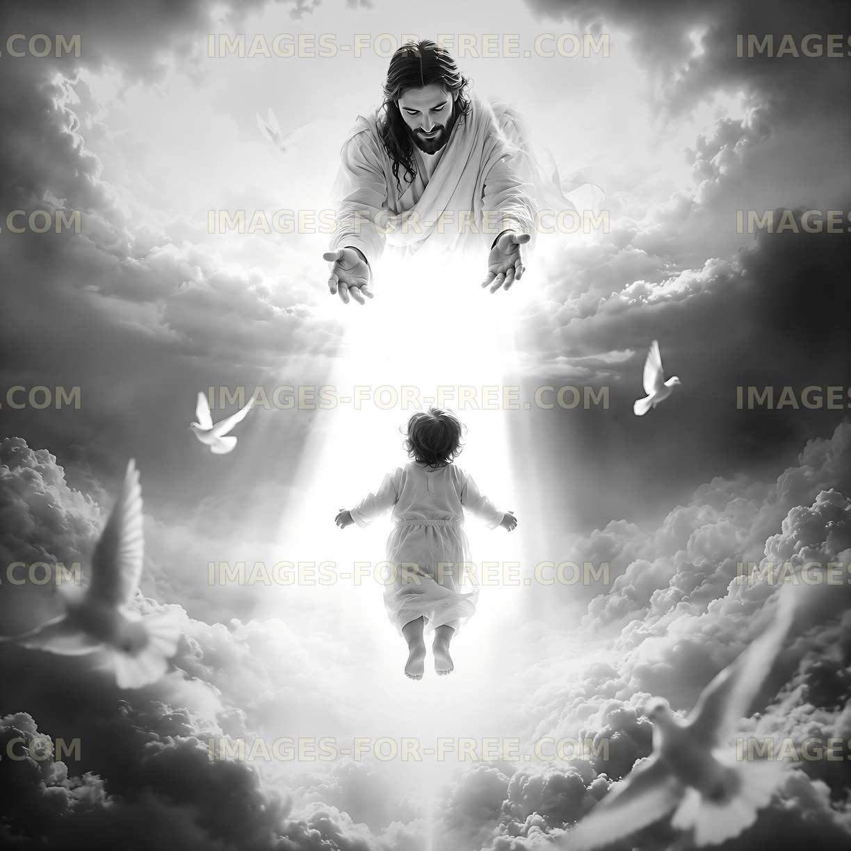 Jesus reaching out to a child in a heavenly scene