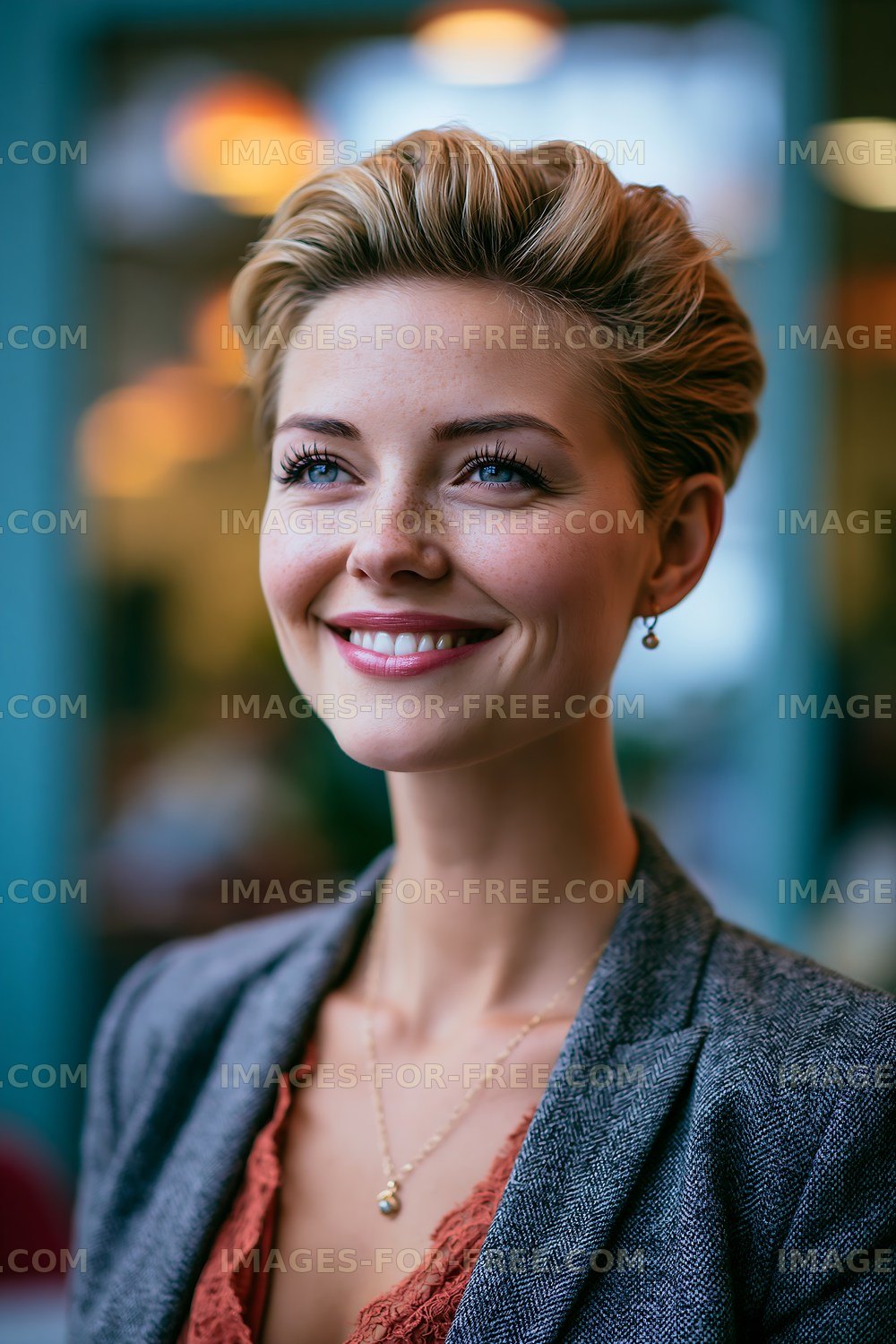 Woman smiling in a cafe with warm lighting