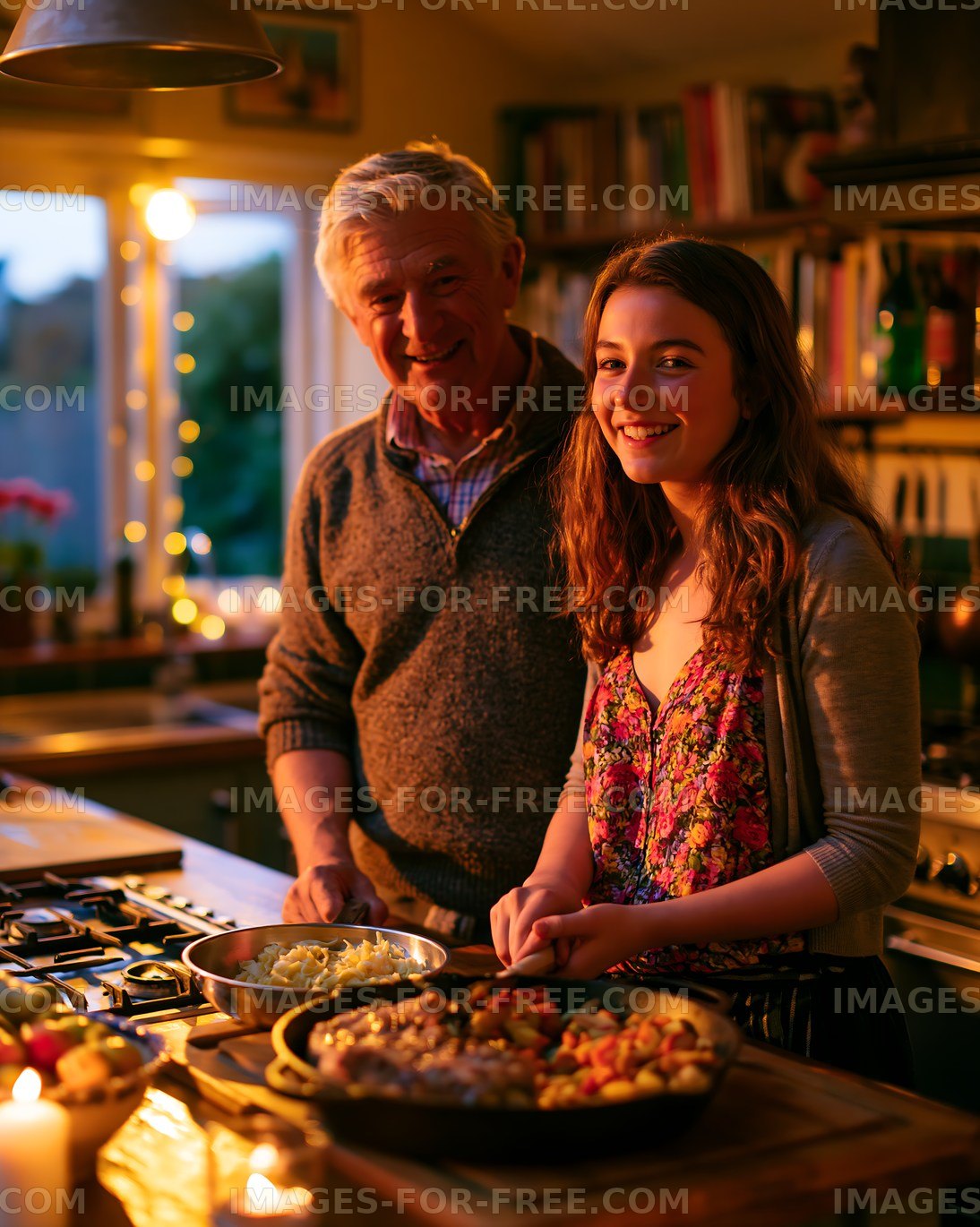 Cooking together in a cozy kitchen at dusk