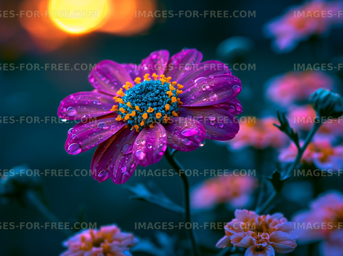 Bright flower with water droplets in evening light
