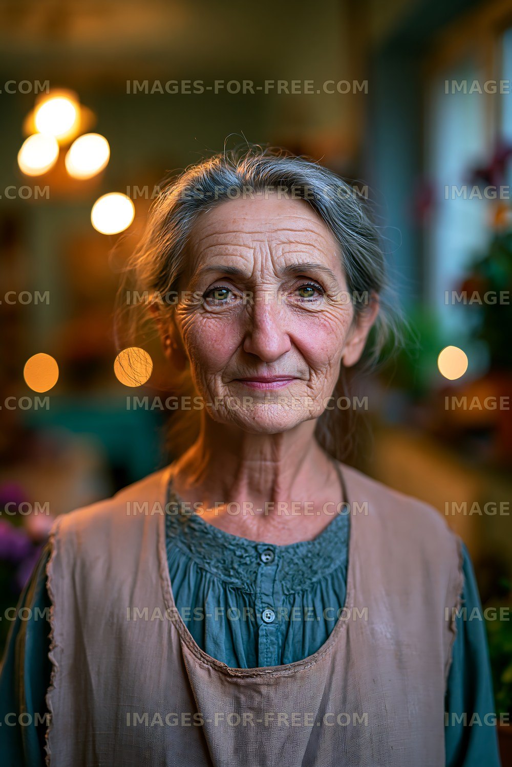 Elderly woman standing indoors with soft lighting