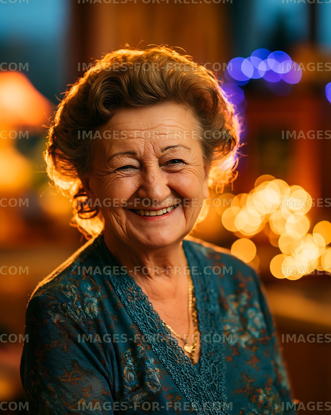 Smiling senior woman in cozy indoor setting with warm lights