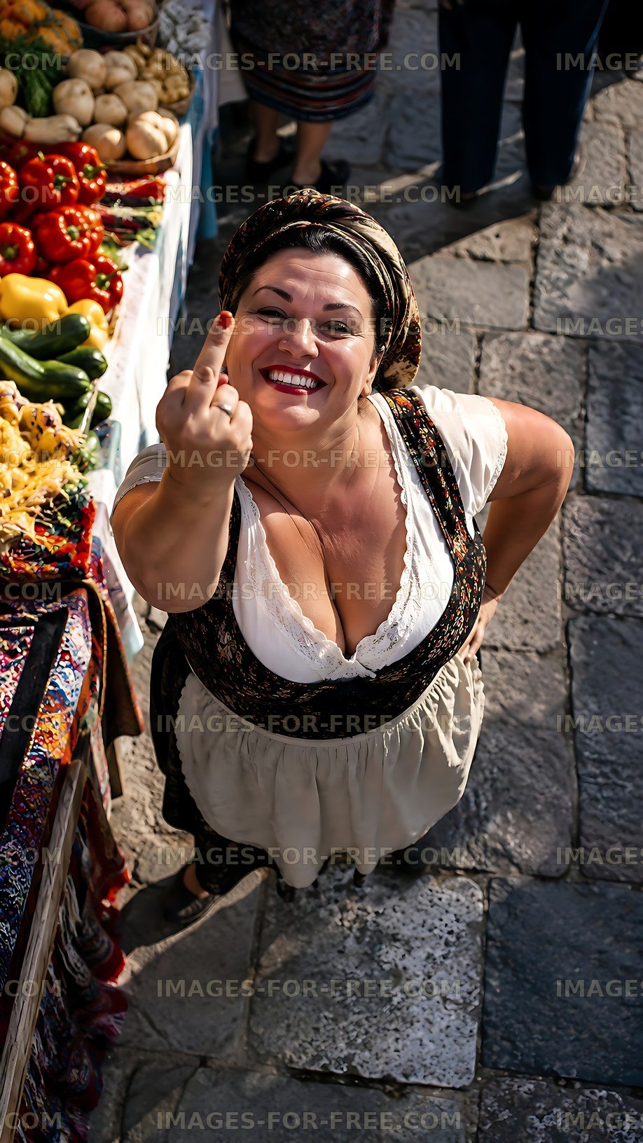 Market vendor gestures at the camera with vegetables around her