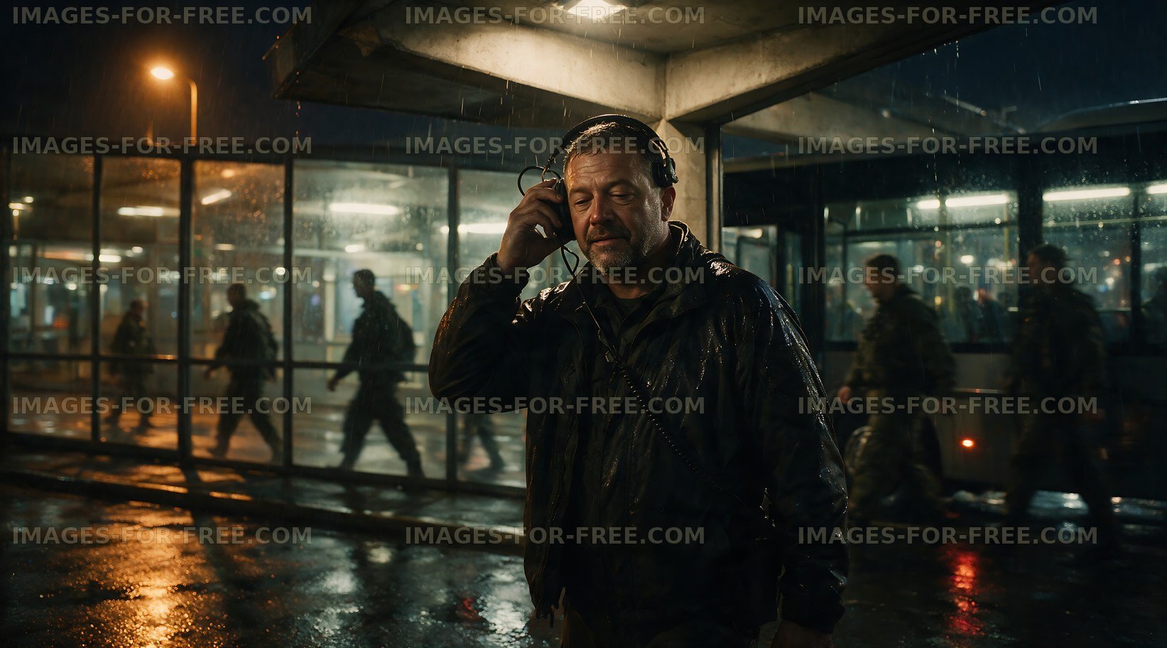 Man listening to headphones at bus station in the rain