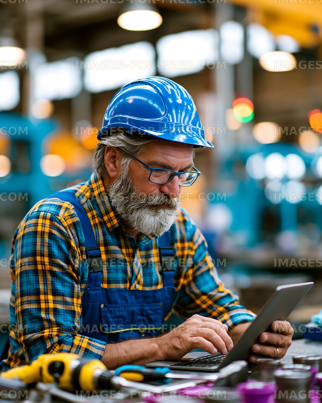 Worker using laptop in industrial workshop