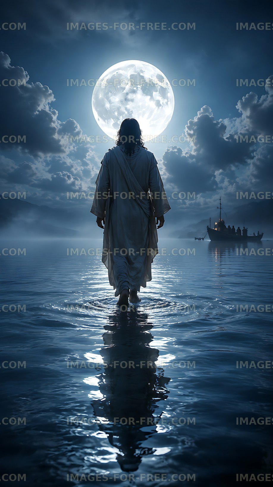 Person walking on water under a large moon