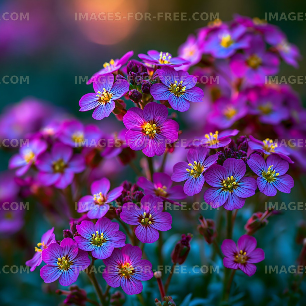Colorful flowers bloom in a garden at sunset