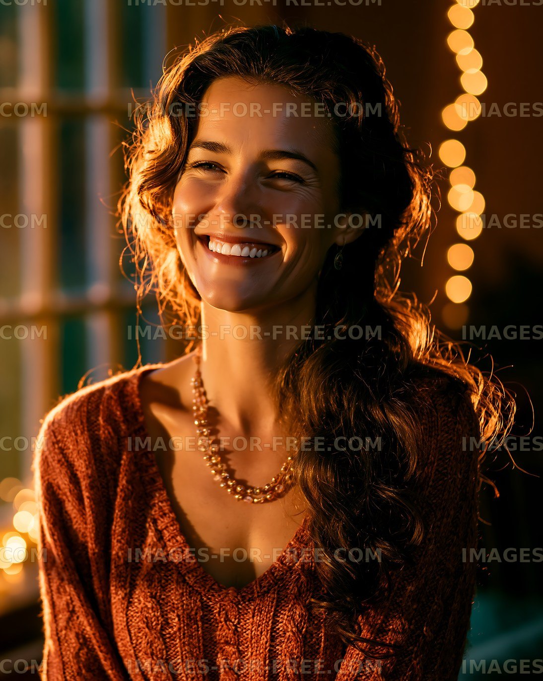 Woman smiling in warm light with festive background