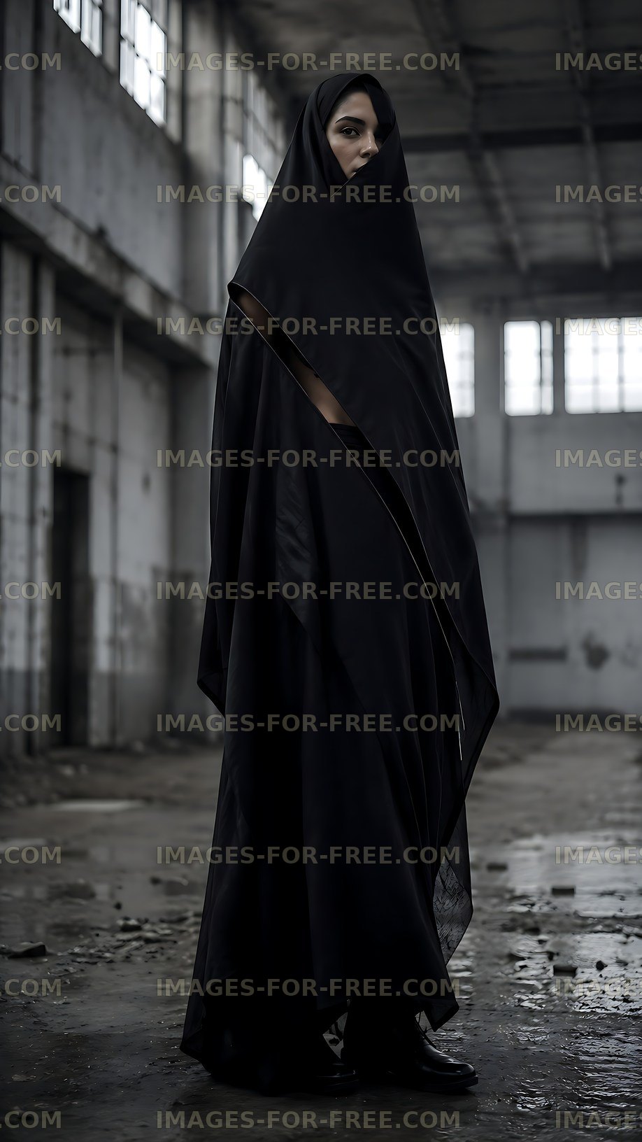 Person in black attire standing in an industrial space
