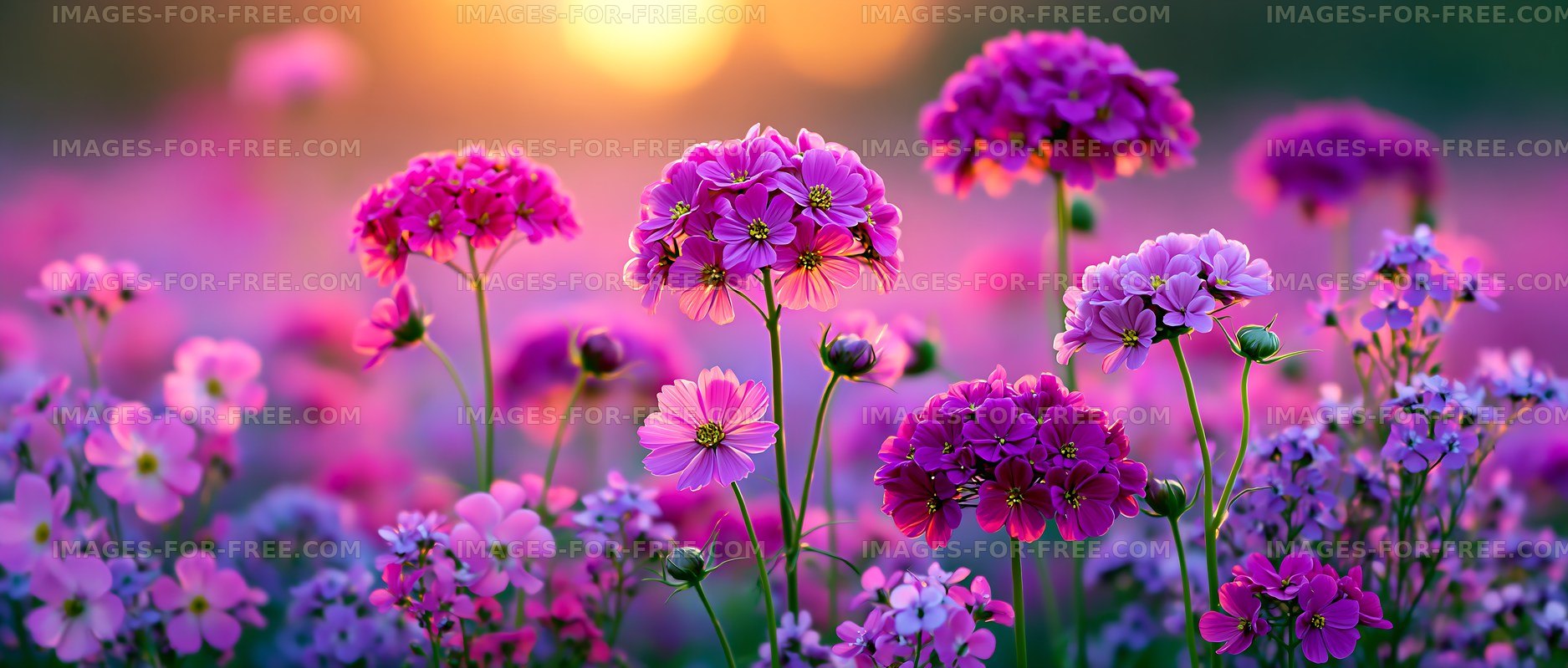 Colorful flower field at sunset with different blooms