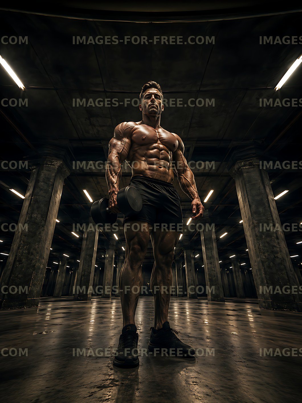 Muscular man lifting dumbbell in industrial gym