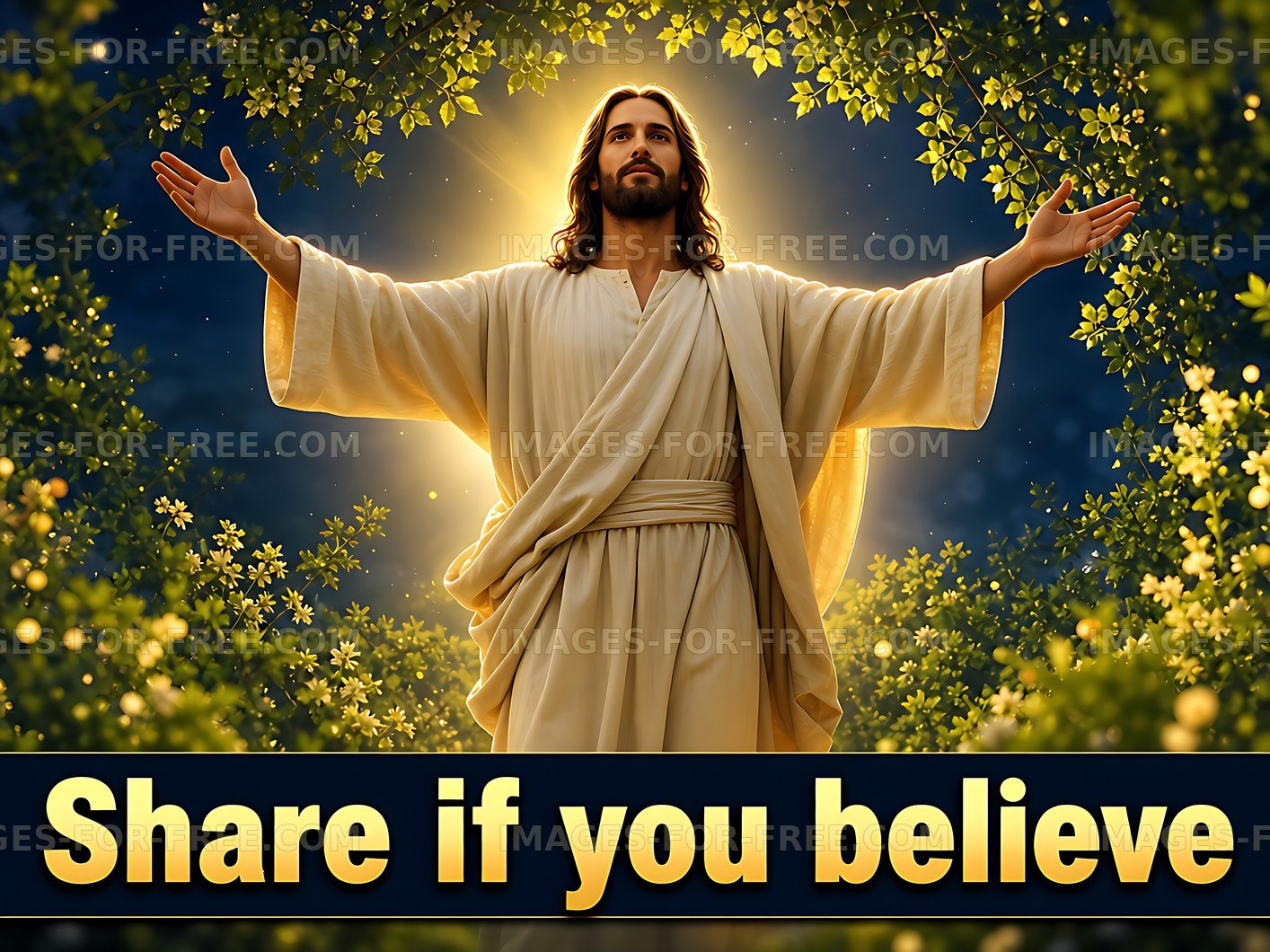 Man in white robe with outstretched arms surrounded by foliage