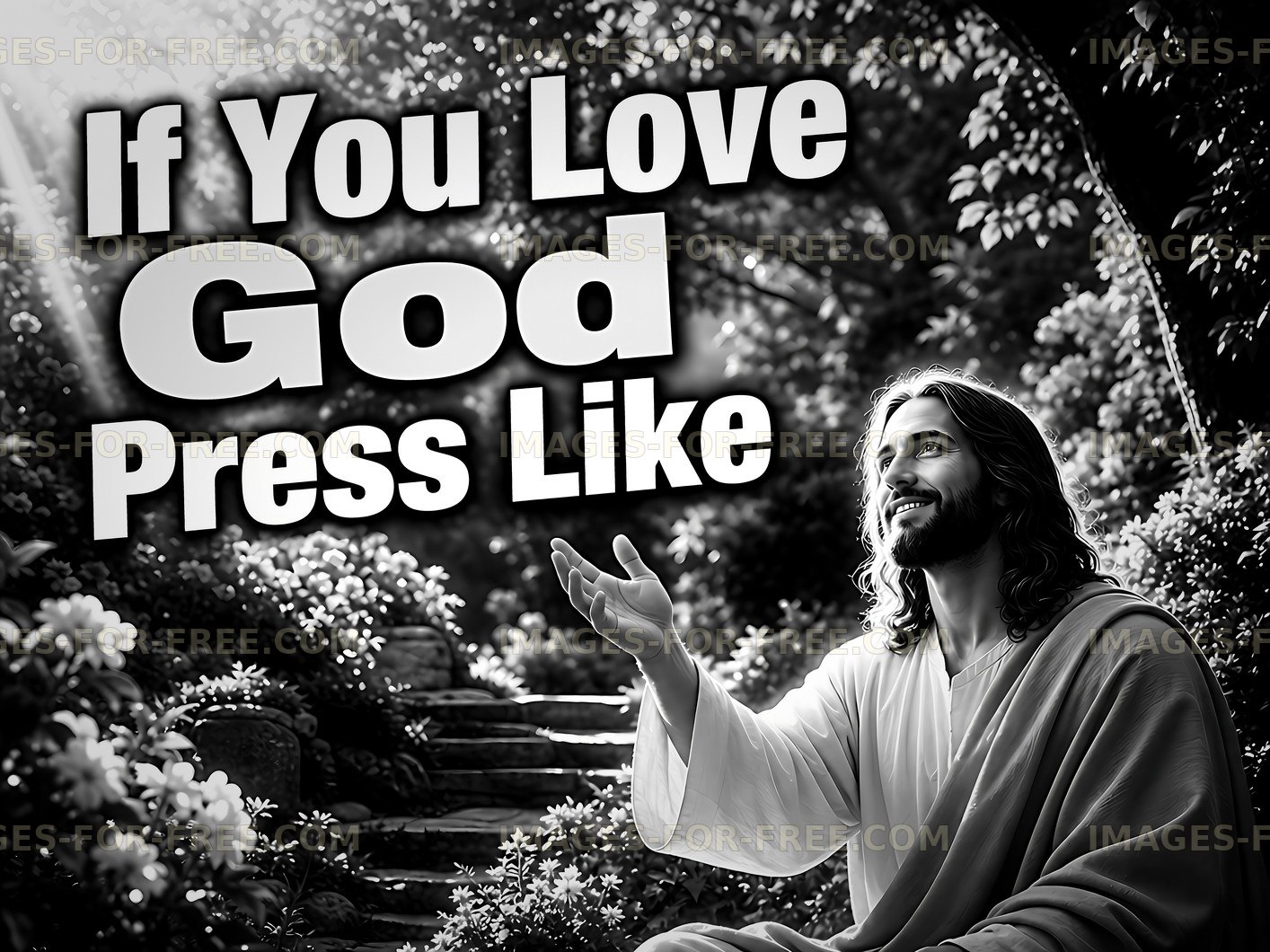 Jesus with open hands in a garden setting