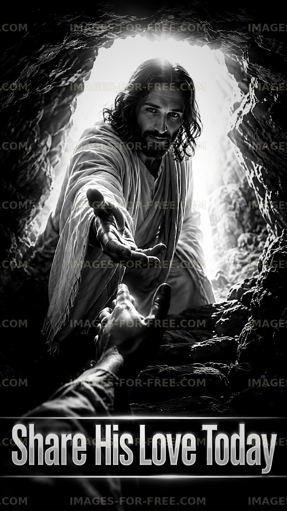 Man offering hand in dark cave scene