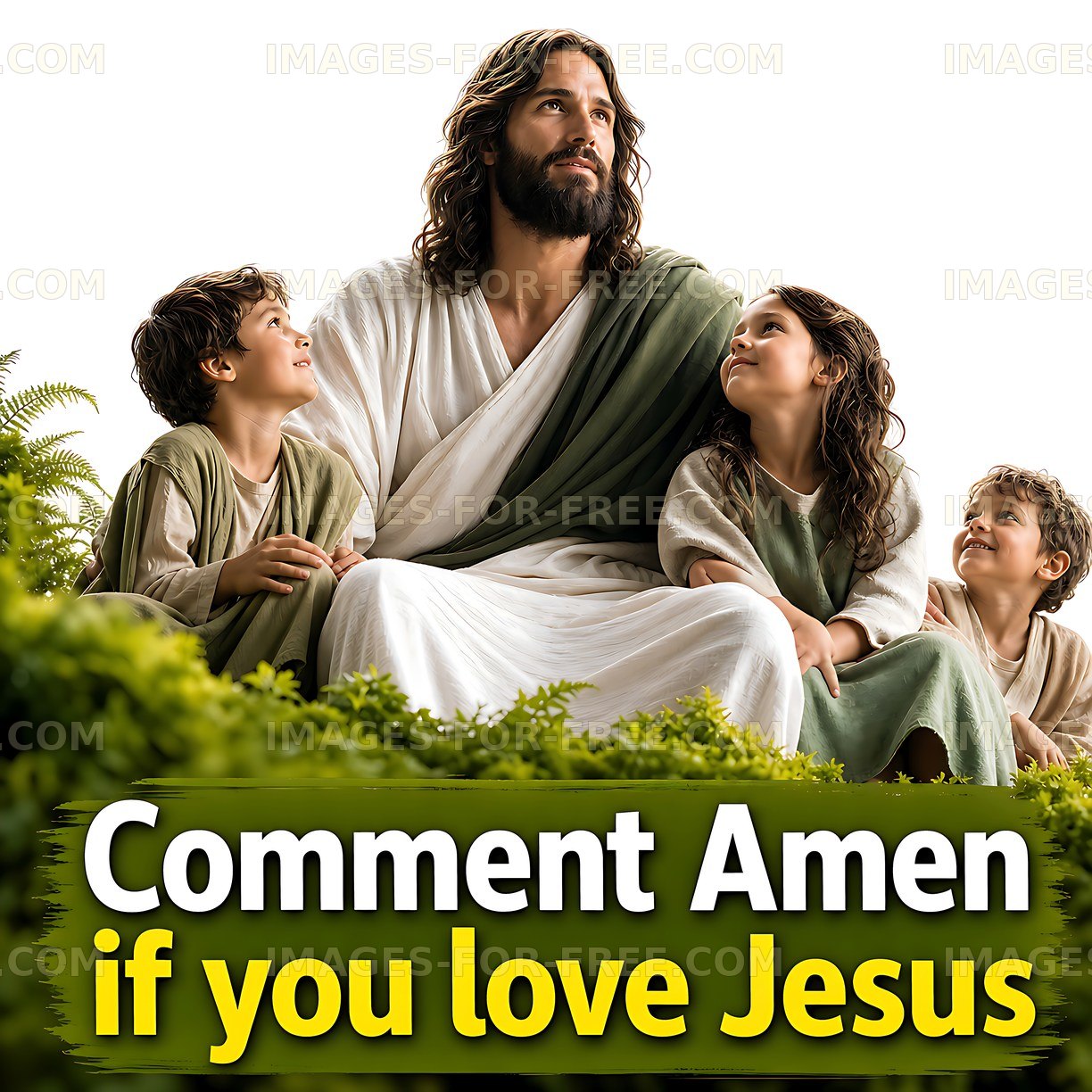 Jesus with children in a serene outdoor setting
