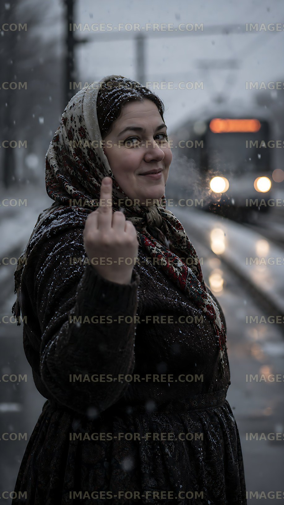 Woman showing a gesture in the snow while a tram approaches