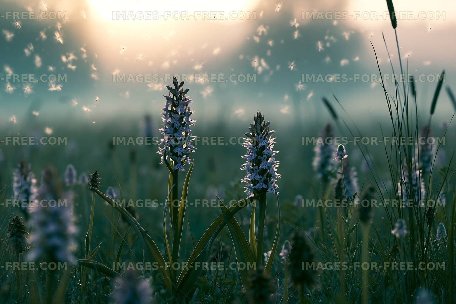 Wildflowers blooming at sunrise in a meadow