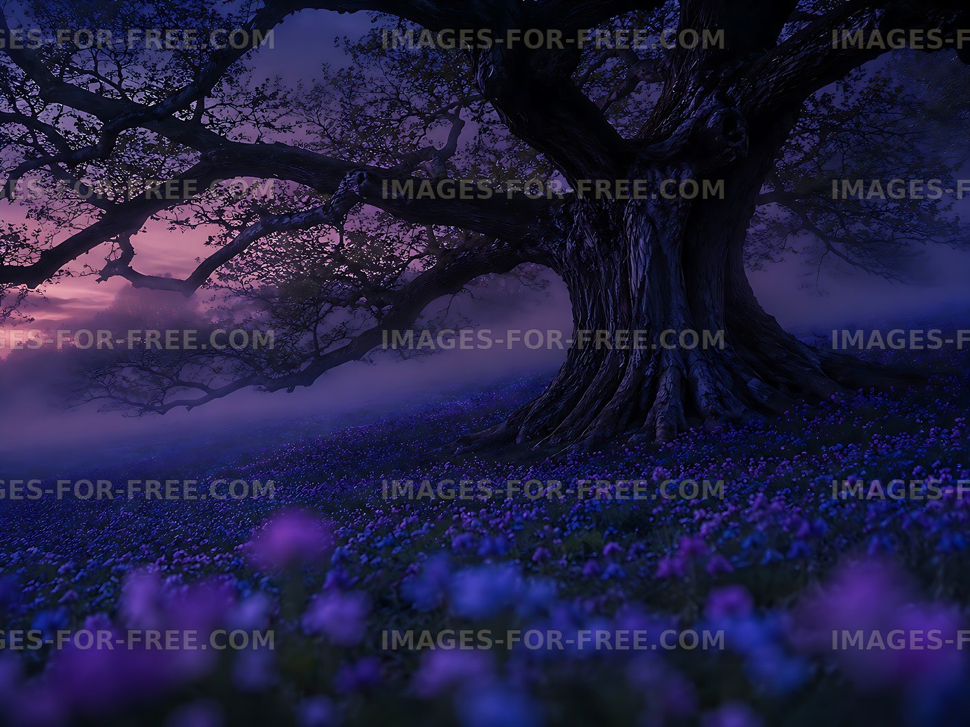 Majestic tree overlooking a field of purple flowers at sunset