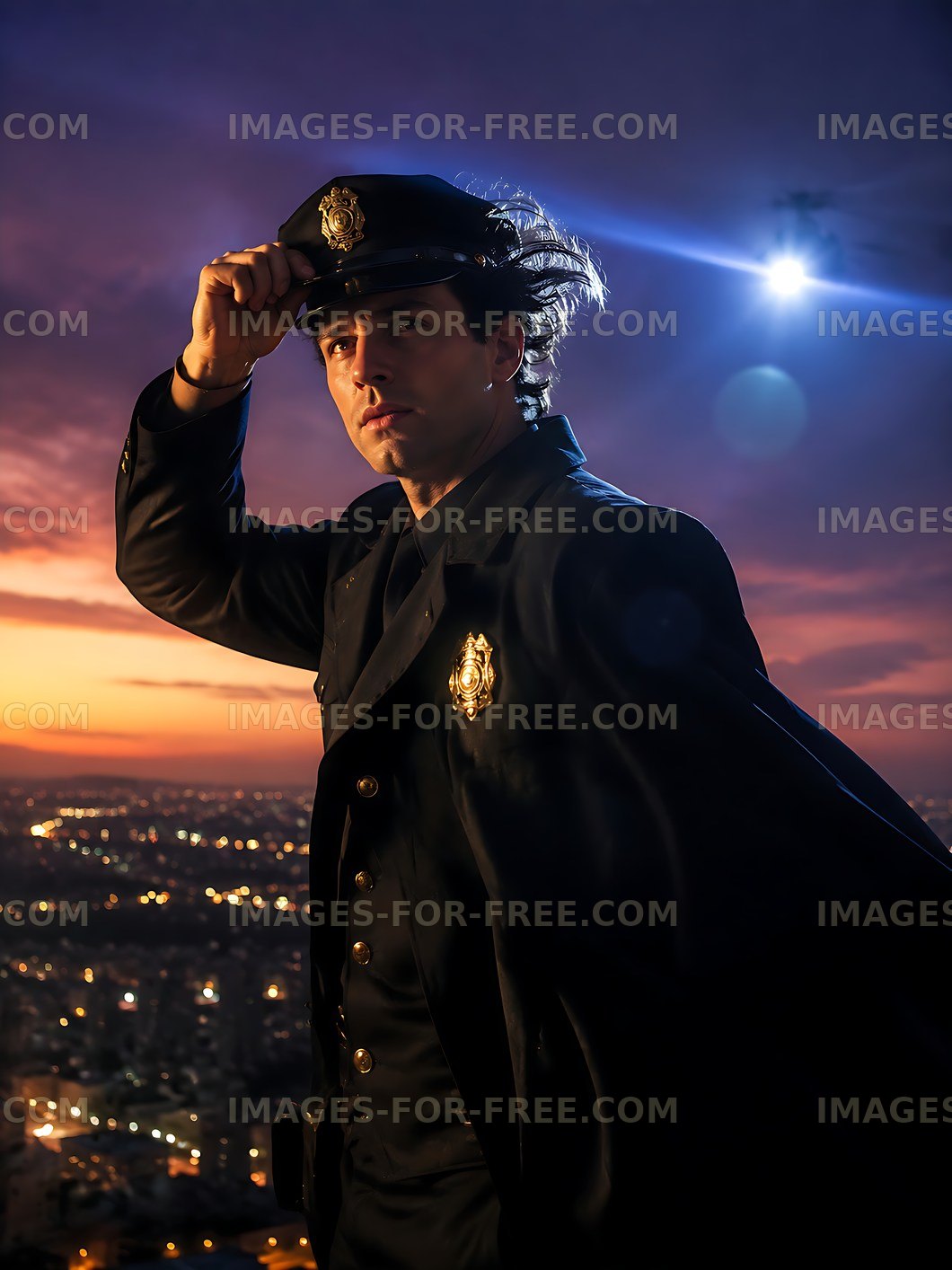Police officer standing on high building at sunset