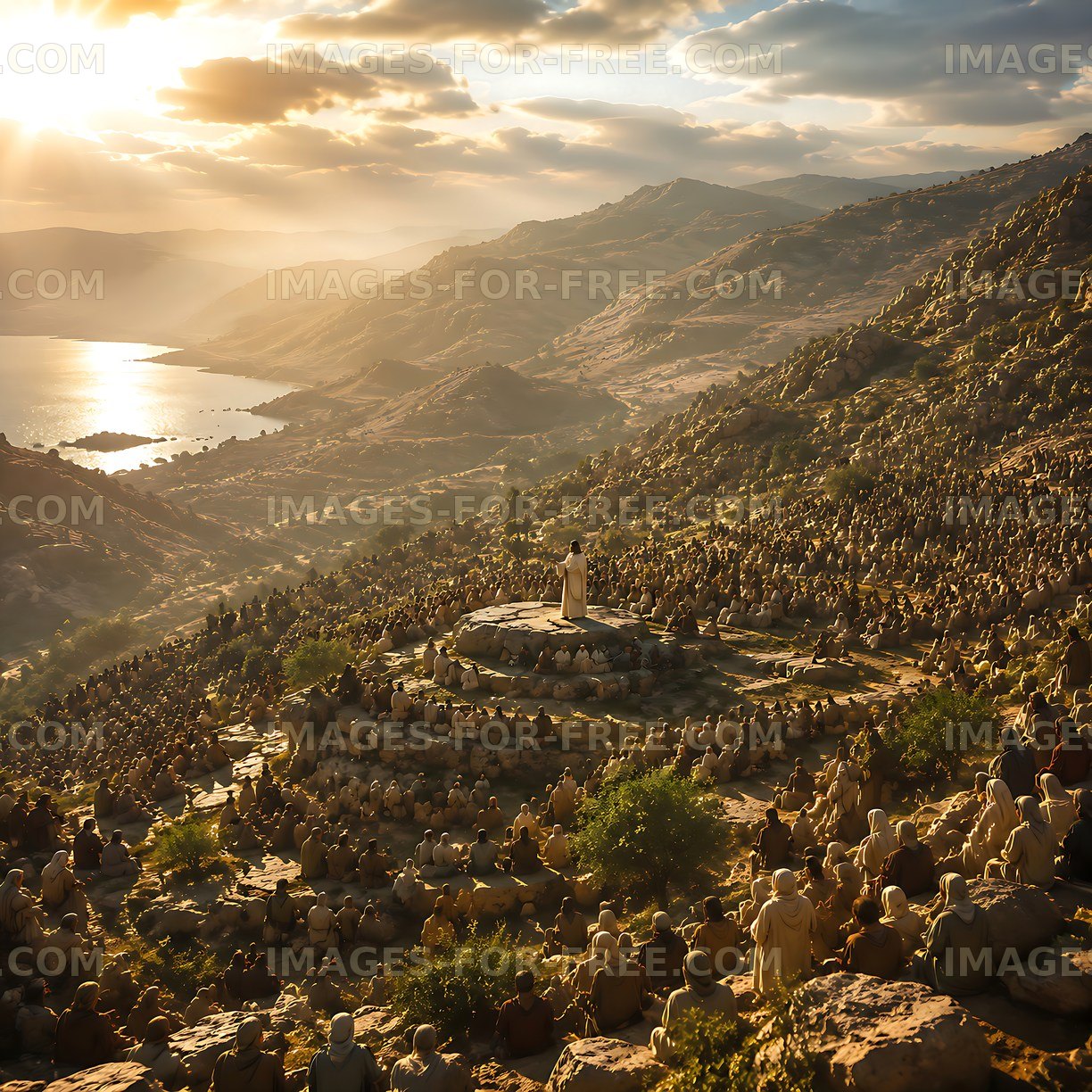 Crowd gathered on mountainside during sunset