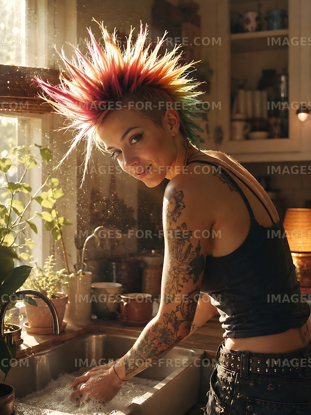 Woman with colorful mohawk hairstyle washing dishes