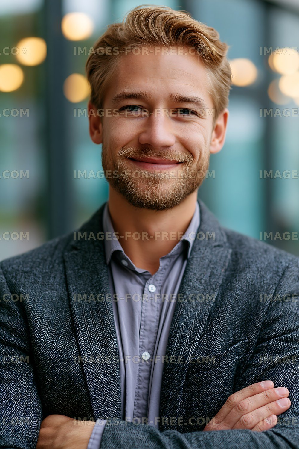 Smiling man in a gray blazer with crossed arms