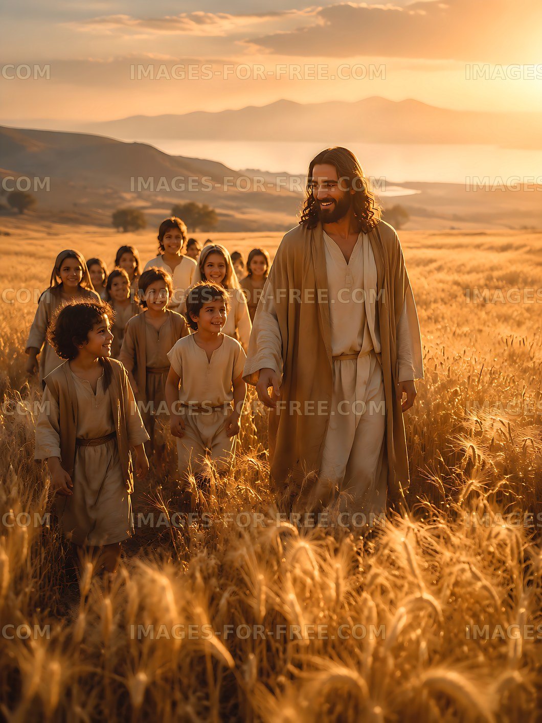 Group of children walking with a man in a field at sunset