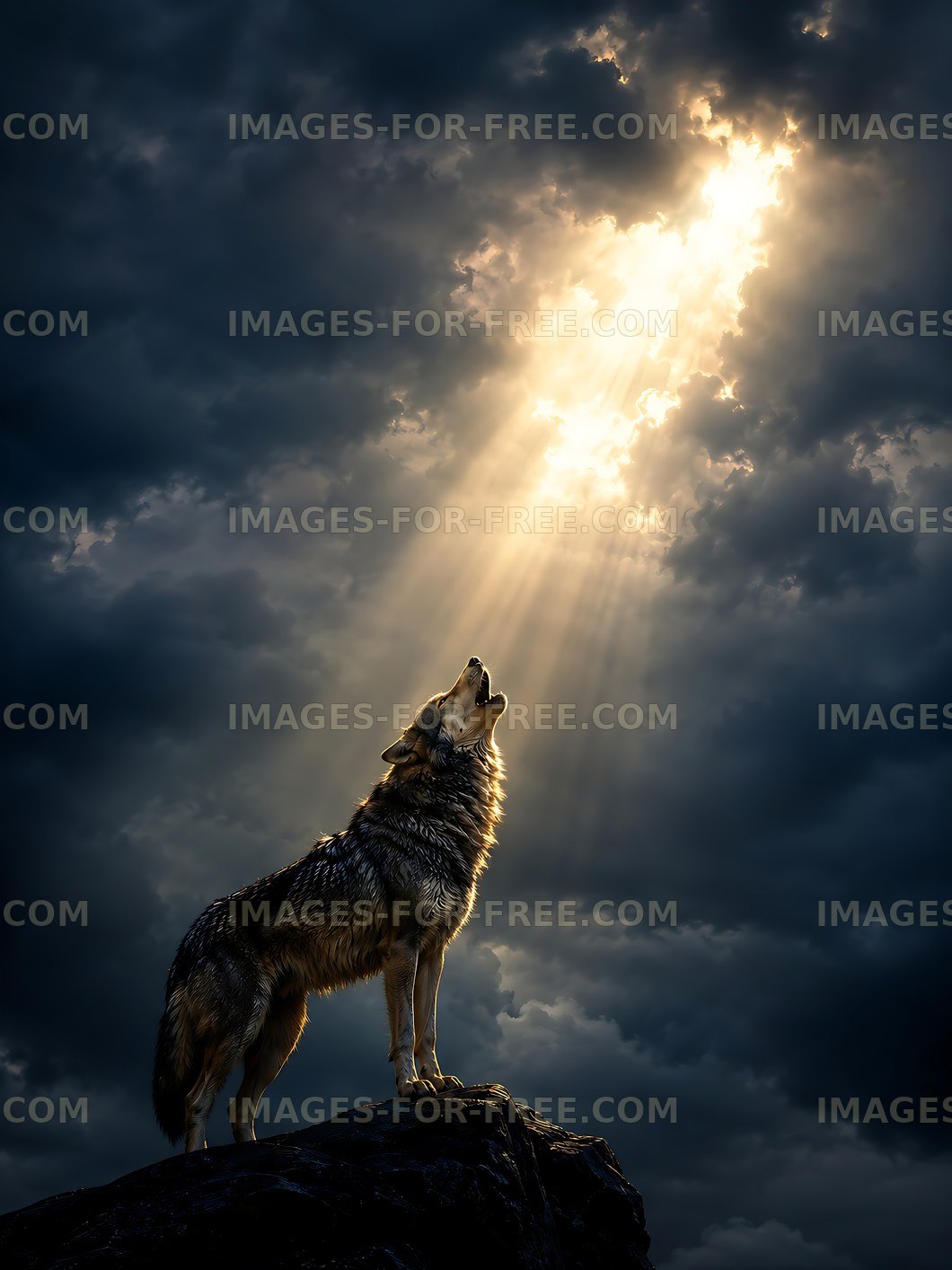 Wolf howls under bright rays of light in stormy sky