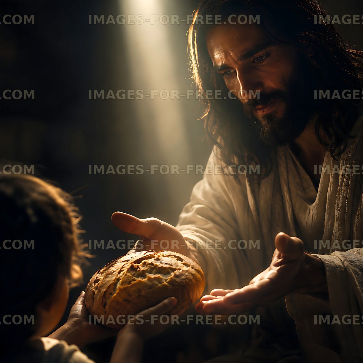 Person giving bread to a child in a dimly lit setting