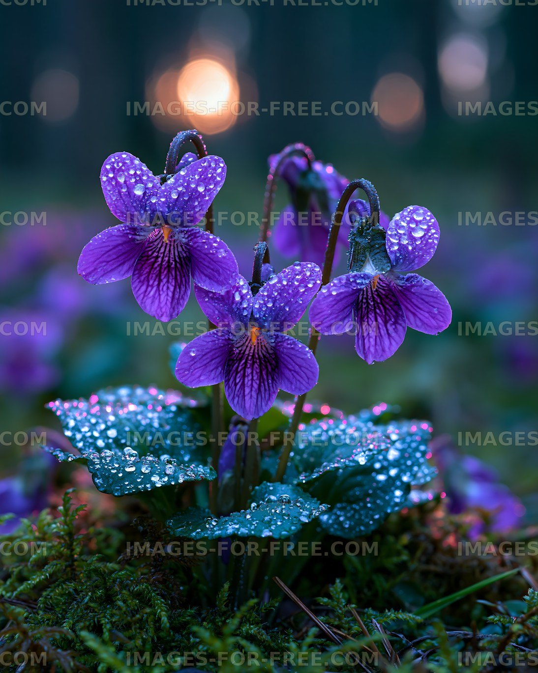 Purple flowers with dewdrops in a forest at sunset