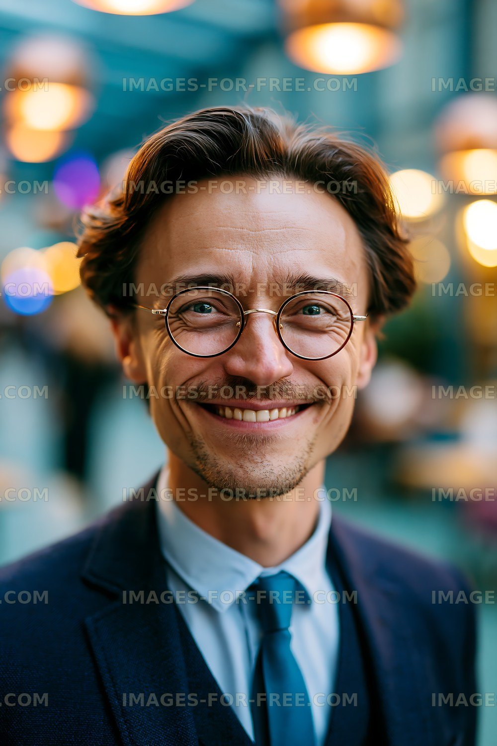 Man with glasses smiles in urban setting