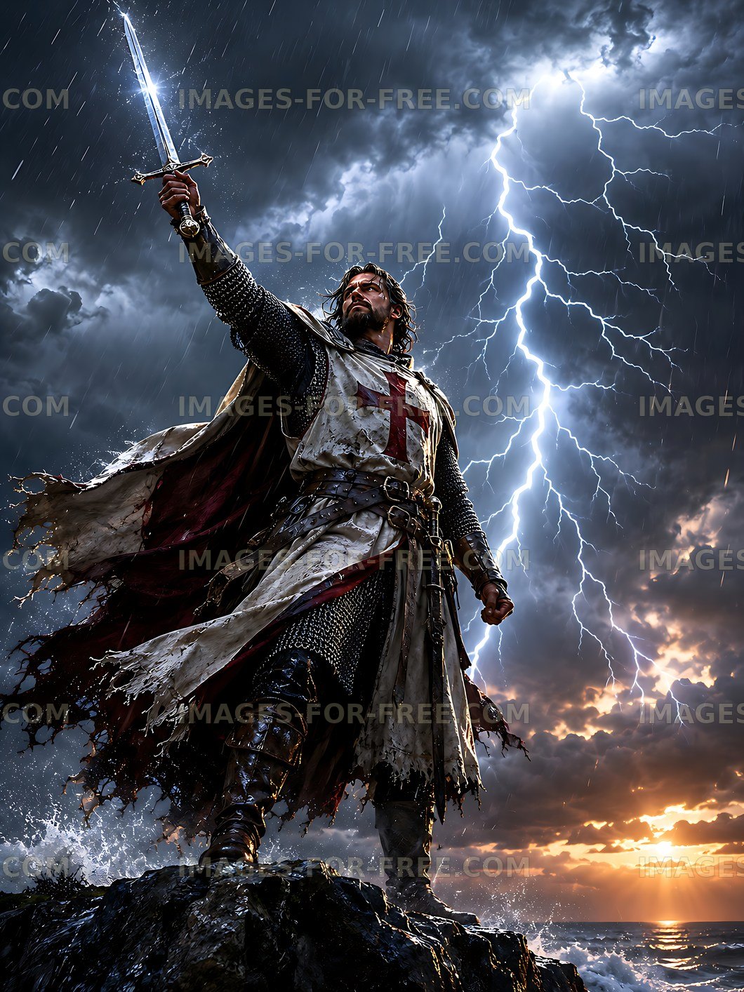Knight in armor holding sword under stormy sky