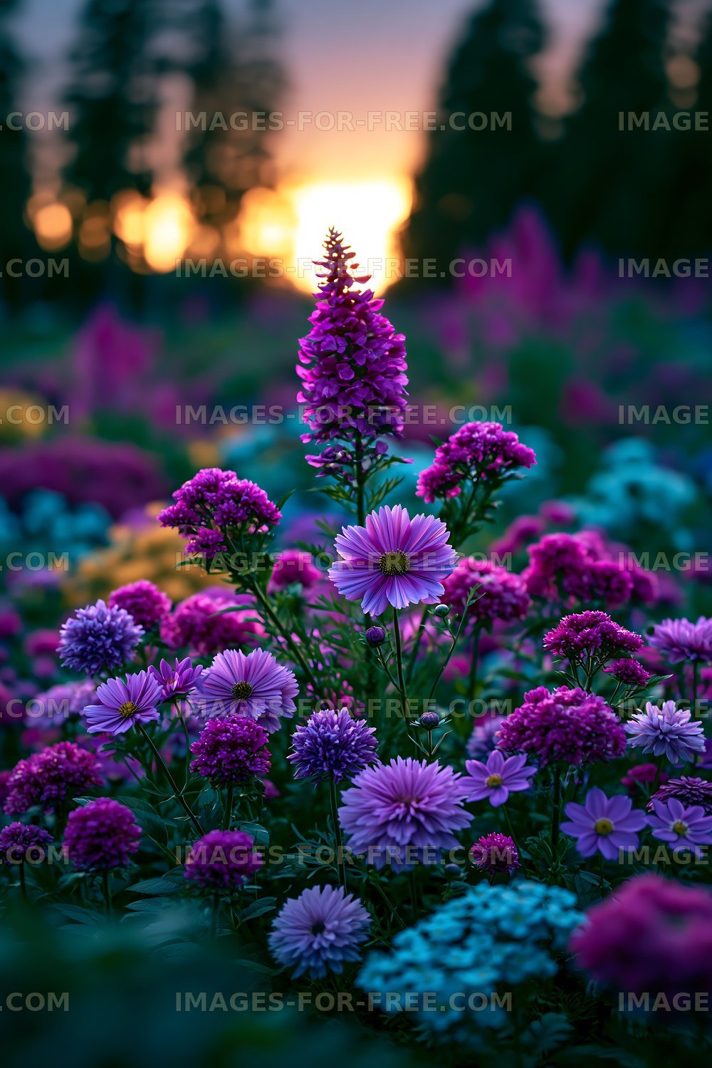 Vibrant flowers in a sunset-lit garden setting