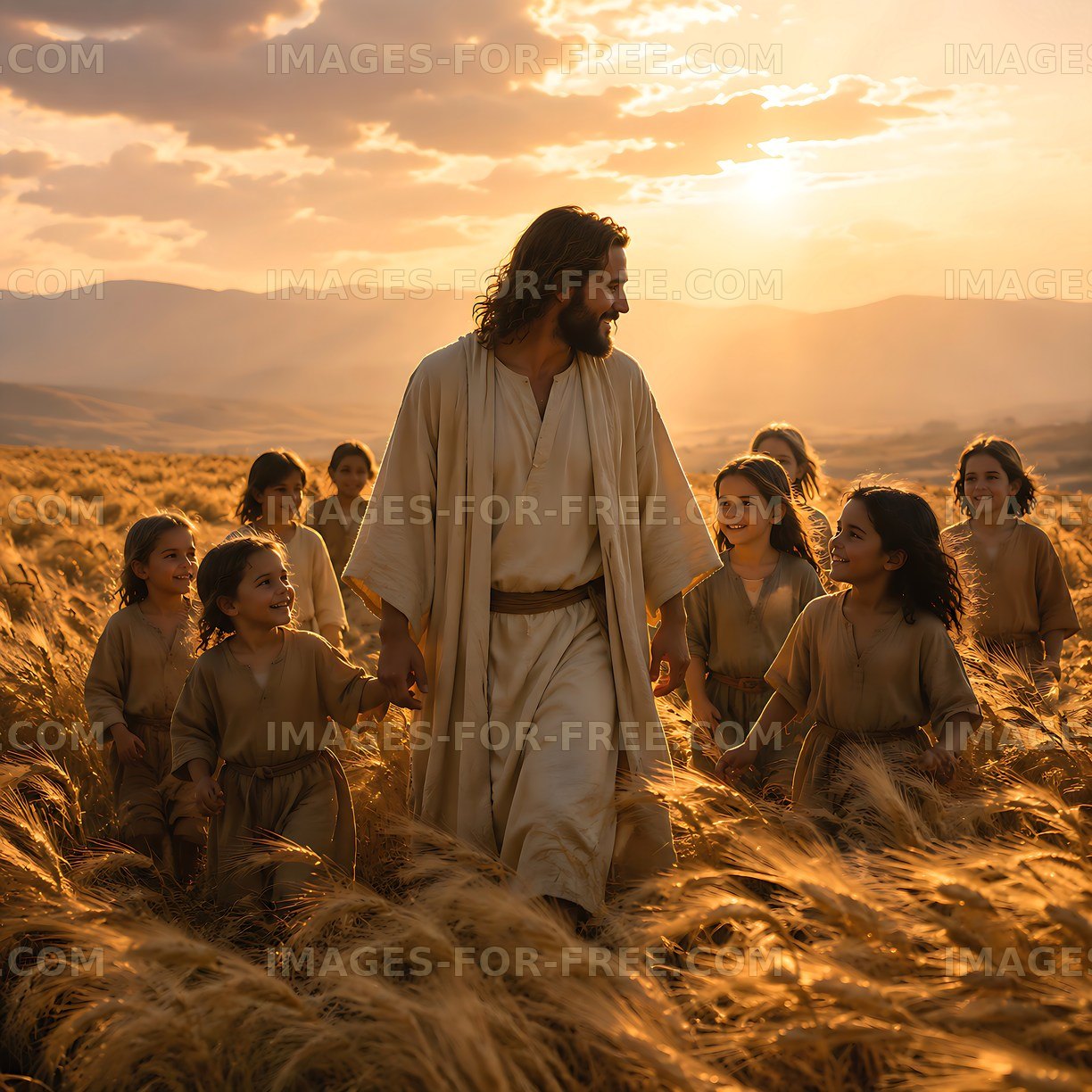 Walking through the golden fields with children at sunset