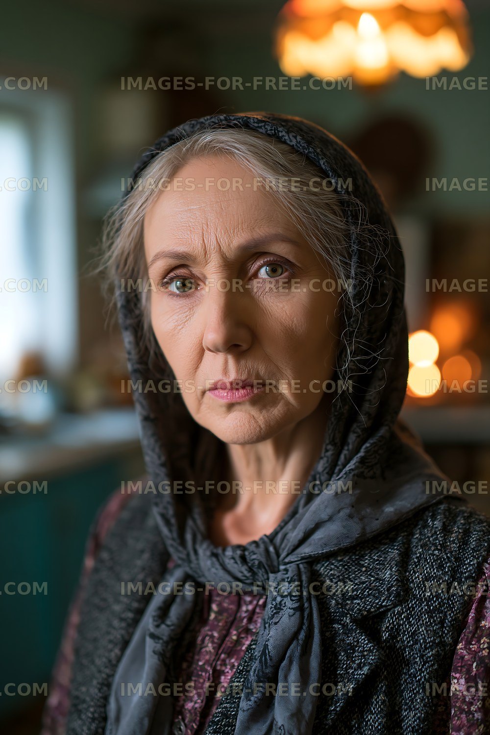 Elderly woman in a scarf looks directly at the camera