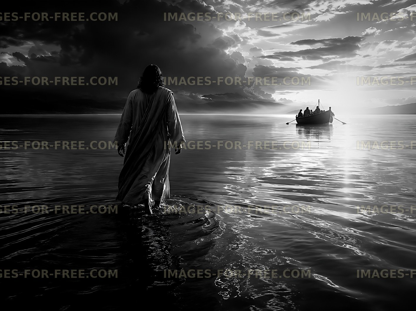 Walking on water at sunset with a boat in the background
