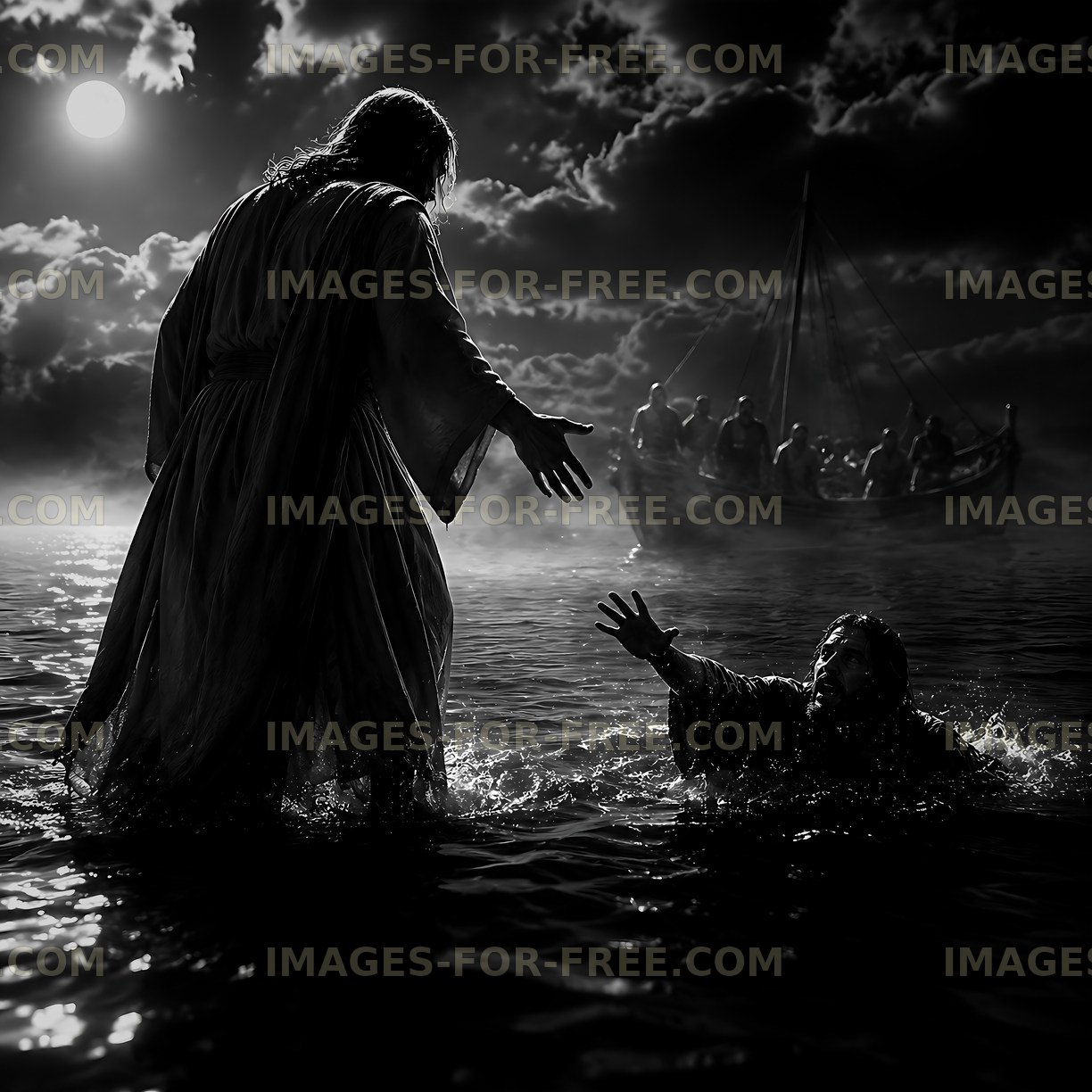 Man reaches out to another in dark water with a boat nearby
