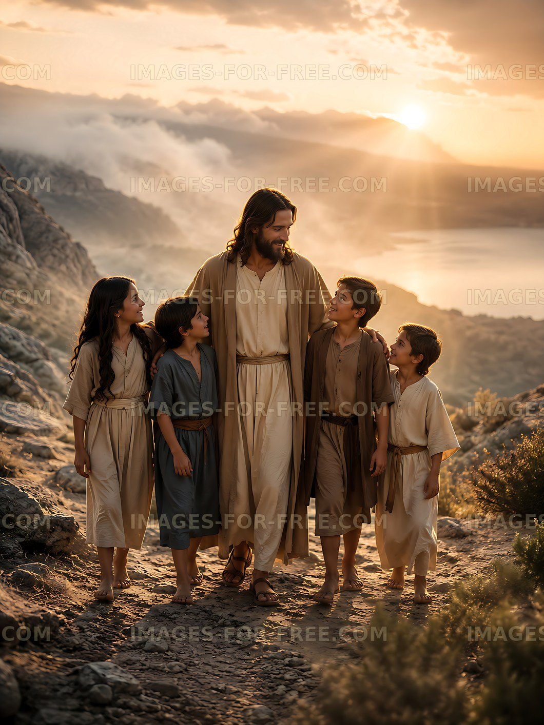 Children walking with a man in a desert landscape at sunset